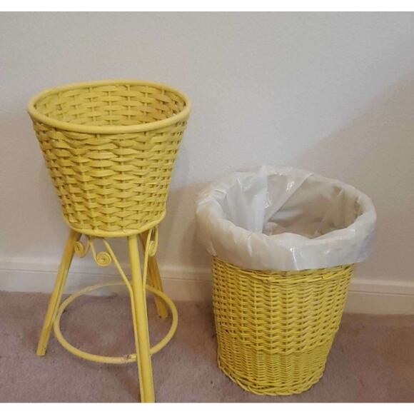 Vintage Shabby Chic Yellow Wicker Plant Stand 23" and Trash Basket - Picture 1 of 1